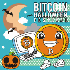 bitcoin cartoon halloween festival special edition vector illustration - background template stroke editable - business event