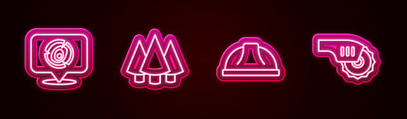 Set line Wooden logs, Christmas tree, Worker safety helmet and Electric circular saw. Glowing neon icon. Vector