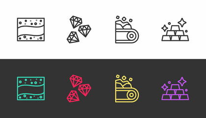 Set line Gold mine, Gem stone, Conveyor belt carrying coal and bars on black and white. Vector