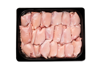 Raw chicken thighs boneless Skinless in packaging tray.Lots of Chunks of Fresh Skinless Chicken Thigh in a Plastic Supermarket Tray. Raw Skinless Chicken Thigh.