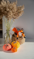 Autumn cozy decor handmade knitted pumpkins, jute basket, fox, glass vase with a bouquet of dry ears on a white background.