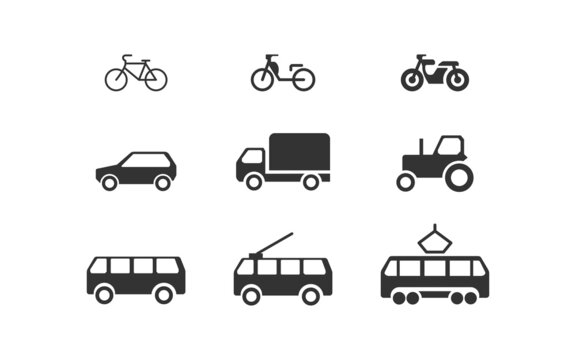 Various transportation set black icon. Car bus bike and motorcycle. Vector