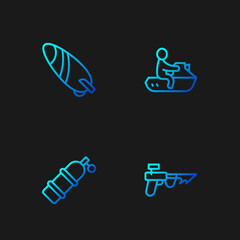 Set line Fishing harpoon, Aqualung, Surfboard and Jet ski. Gradient color icons. Vector