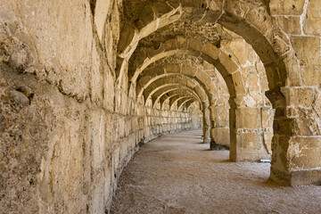 The columned gallery above the auditorium-theatre in the Ancient Roman Theater of Aspendos.