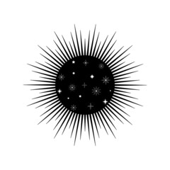 Fototapeta premium Hand drawn mystical Sun in line art. Spiritual symbol celestial space. Magic talisman, antique style, boho, tattoo, logo. Vector illustration isolated on white background.