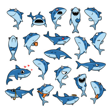 Cute cartoon sharks stickers set. Predatory fish characters with different emotions: happy, sad, surprised, smiling, funny, angry, loving. Emotions and wildlife concept