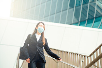 Japanese woman broker, Asian expert in high finance while walking in the skyscraper neighborhood of the stock exchange, symbol of equality in professions and women's rights, successful career