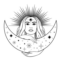 Hand drawn mystical woman with Sun, Moon, star in line art. Spiritual abstract silhouette young woman. Magic profile, esoteric talisman. Vector illustration isolated on white background
