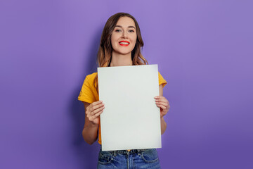 Caucasian young woman smiling and holding blank poster wearing yellow t-shirt isolated over lilac...