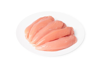 Close-up of fresh chicken inner fillet on a white plate , background.Closeup of chicken...