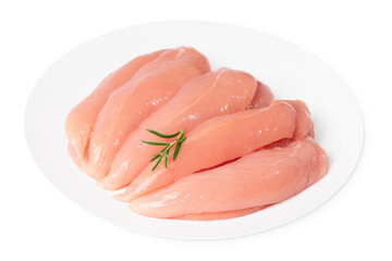 Close-up of fresh chicken inner fillet on a white plate , background.Closeup of chicken meat.Healthy chicken mini inner breast fillets . - obrazy, fototapety, plakaty