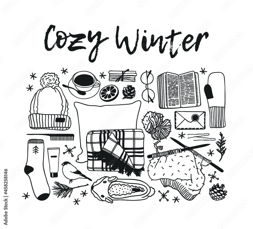 Wall mural Hand drawn Holiday fashion illustration. Creative ink art work. Actual vector drawing. Cozy winter set: plaid, book, sock, mail, tea cup, slippers and other cozy things