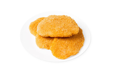 Fast homemade food. Fast food. Breaded chicken schnitzels on a white plate.