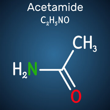 Acetamide, ethanamide molecule. It is a monocarboxylic acid amide, used as plasticizer in the processes of obtaining leather, paper. Structural chemical formula on the dark blue background