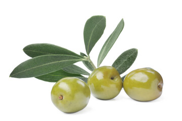 Delicious fresh green olives with leaves on white background