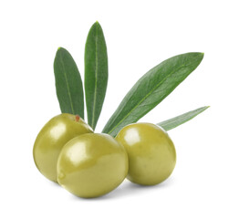Delicious fresh green olives with leaves on white background