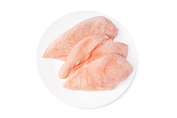 Raw frozen fillet isolated on white background.Frozen pieces of fresh chicken meat on a white...