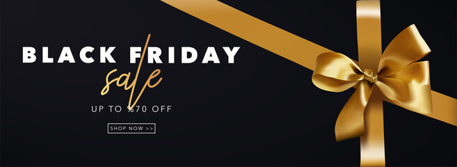 Black Friday Sale banner template. Realistic gold ribbon vector and golden sale text for website. Vector illustration for Christmas design, party, sale, discount, poster, header web.