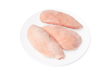 Three pieces of raw frozen fillet on a white plate on a white plate copy space.Frozen chicken...