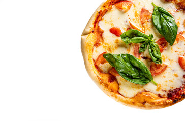 Pizza with Mozzarella cheese, Tomatoes, pepper, Spices. Italian pizza. Pizza Margherita or Margarita isolated on white background