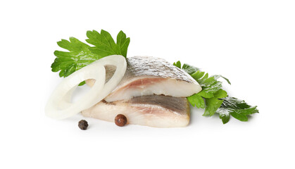 Delicious salted herring slices with onion rings, peppercorns and parsley on white background
