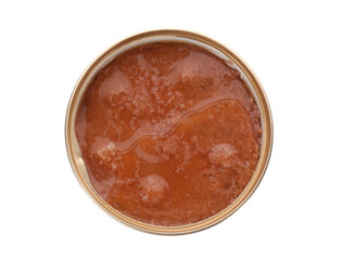 Open tin can of wet pet food isolated on white, top view