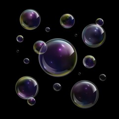 Bubbles soap. Foam abstract bubble shampoo background, clear soap rainbow balls, wash bubbling shiny backdrop, bubbly texture isolated on black. 3D transparent objects. Vector realistic set