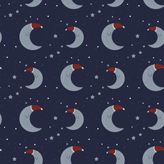 Christmas seamless background with snowflakes and moon.  Festive new year holiday seamless pattern.