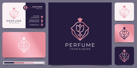Fototapeta premium creative rose gold perfume logo template. luxury bottle perfume logo and business card design.