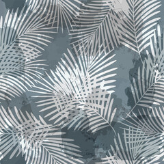 Tropical pattern, palm leaves seamless vector background. Exotic plant on watercolor stains artistic jungle print. Leaves of palm tree. ink brush