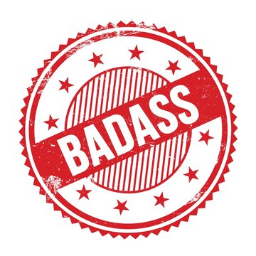 BADASS text written on red grungy round stamp.