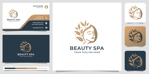 beauty spa logo. woman face inspiration.feminine salon logo,beautiful face with leaf stylized and business card.