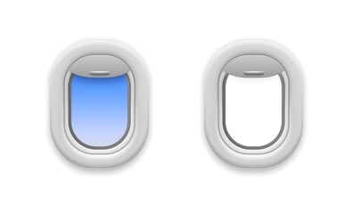 Airplane window open. Realistic aircraft windows. Empty and with blue sky view, realistic illuminator, fuselage porthole mockup, 3d isolated on white background transport vector object