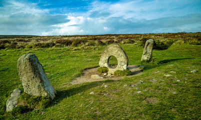 Men-an-Tol known as Men an Toll or Crick Stone - small formation of standing stones in Cornwall,...