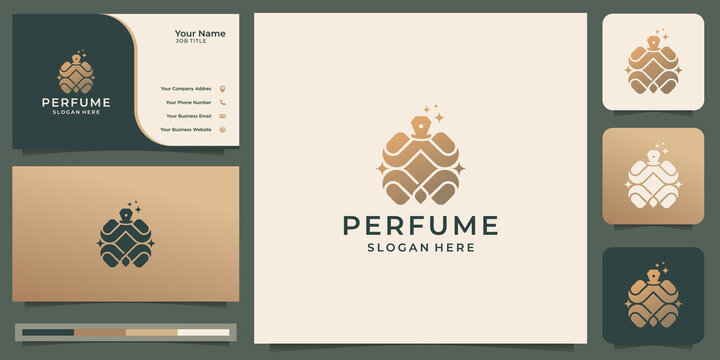 luxury perfume logo with business card template. perfume bottle logo inspiration for your company.