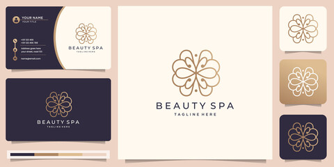 feminine linear beauty spa logo design. golden floral abstract with business card illustration.