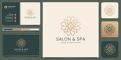 Feminine beauty salon and spa line art monogram shape logo. golden, icon and business card template.