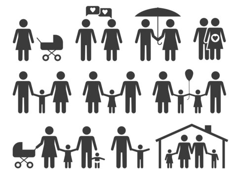 Family black icons. People group symbols. Mother and father with children. Silhouette flat pictograms of adults and kids. Couple walking together with boy or girl. Vector signs set