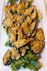 Traditional Apulean antipasti Mussels au gratin above view