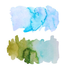 Blue and green texture with watercolor stains. Watercolor stains isolated on white background.

