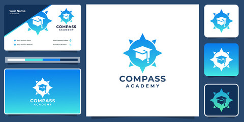 Obraz na płótnie Canvas compass academy logo. inspiration education hat logo with creative compass design. logo and business card design template.