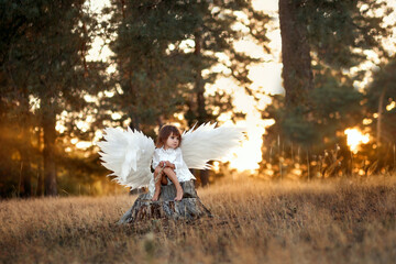 Cute little angel girl in white clothes, dress and wings, sits on a stump where the light of sunset, the sun's rays in the summer forest. Gentle, artistic image, photo, glare.