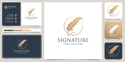Minimalist quill feather pen signature handwriting circle frame logo and business card design.