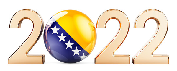 2022 with Bosnian flag, 3D rendering isolated on white background