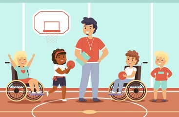 Disabled kid sport. Happy children in gym with coach, fun young wheelchair athletes, mixed sports team, active equal rivals. Students play basketball. Vector cartoon flat isolated concept