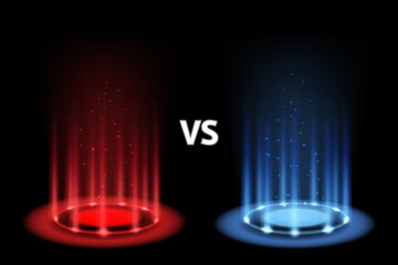 Versus battle. Portal magic with neon blue and red lightning. Realistic light effect with beams. 3D futuristic teleport funnel. Music or sport competition. Vector illustration