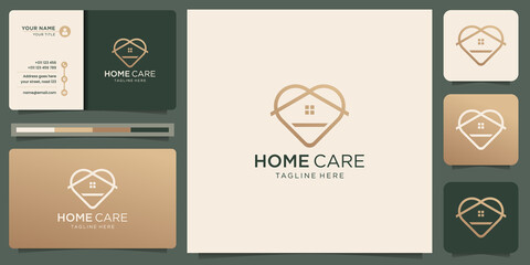 minimalist home logo with creative love linear style design. home care logo inspiration design.