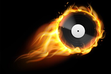 Burning vinyl record. Realistic analog audio disc with fire trace. Retro musical album. Disco party background. DJ music. Flaming multimedia equipment template. Vector entertainment concept