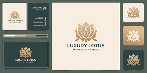 Fototapeta na wymiar luxury lotus flower rose logo design. elegant flower lotus concept gold color with business card template.