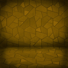 Golden yellow colored concrete cement stone, geometric hexagonal triangular tiles wall and floor / empty 3D studio room , interior texture for display products, wall background square